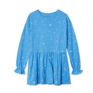 NWT Lands End Ruffle Blue Sparkle Starburst Tunic 100% Cotton Long Sleeve Size 8